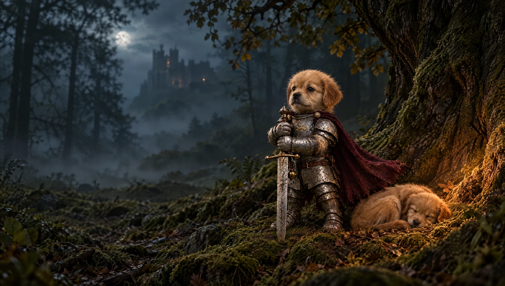 Sir Barksalot guarding a sleeping puppy in a misty forest